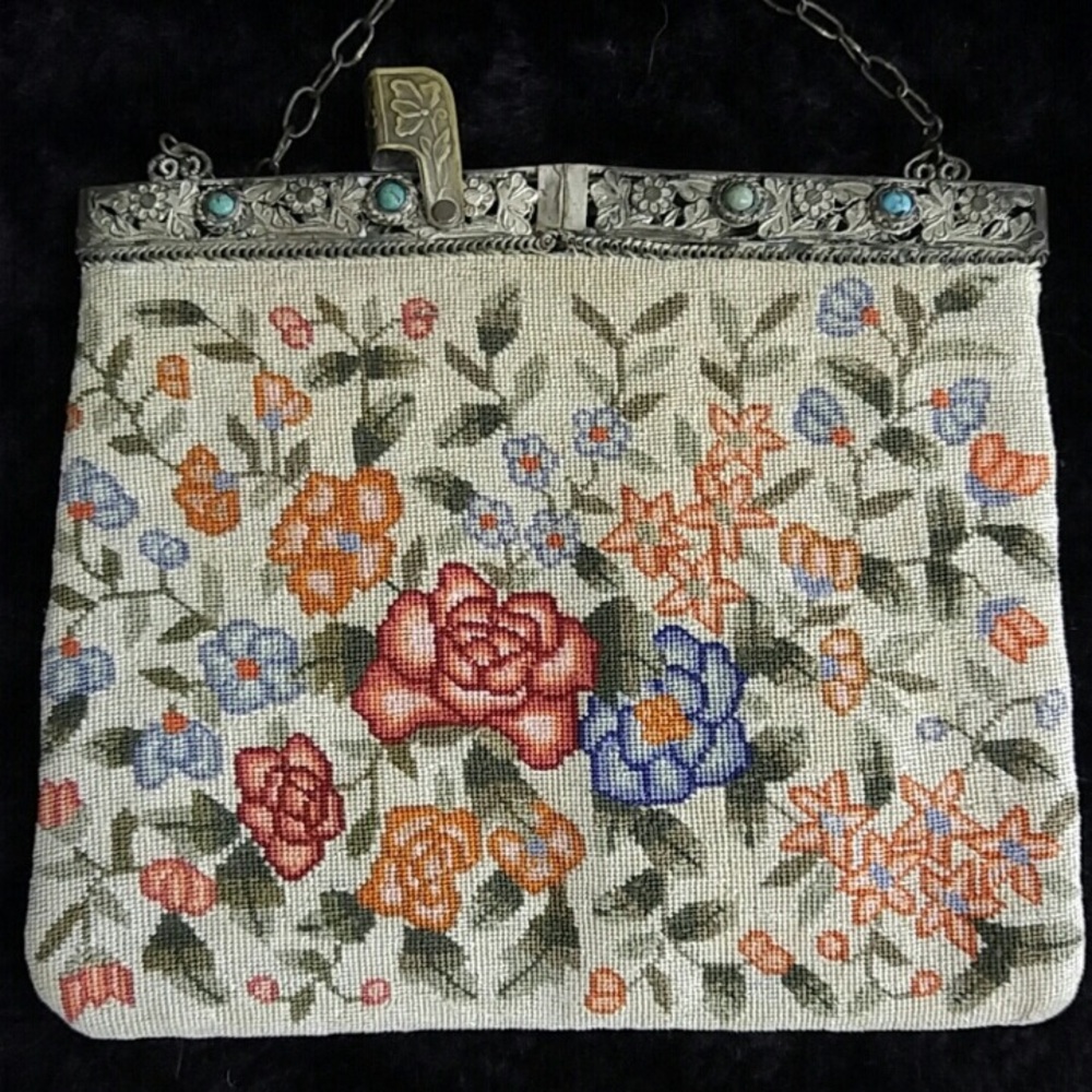VINTAGE Bag Tapestry Purse Floral Silver Turquoise Stones